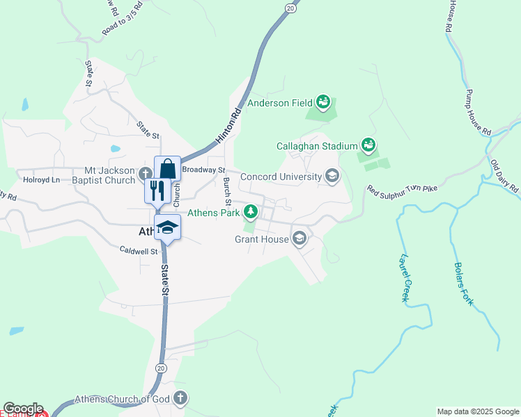 map of restaurants, bars, coffee shops, grocery stores, and more near 14 Mill Street in Athens