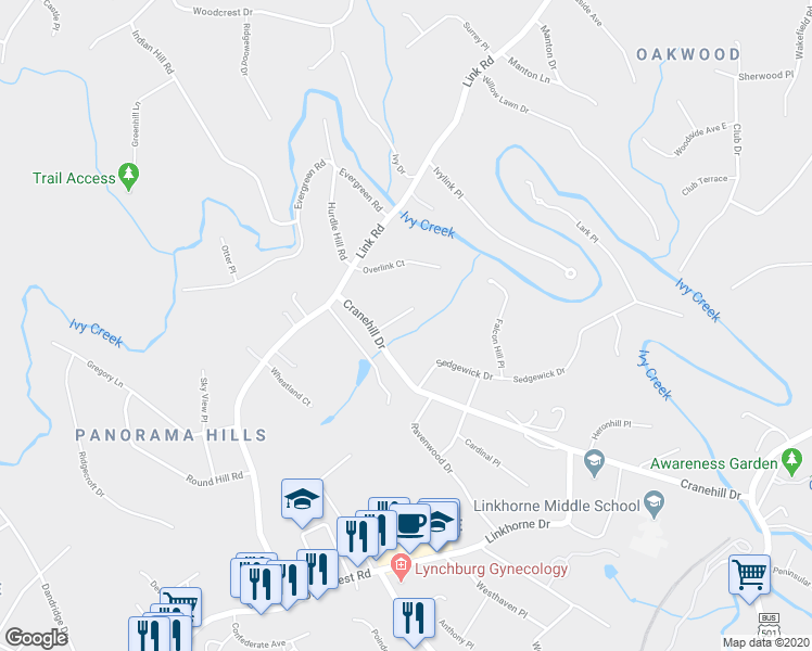 map of restaurants, bars, coffee shops, grocery stores, and more near 2308 Glencove Place in Lynchburg