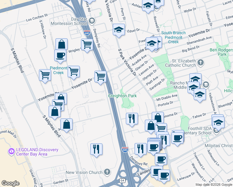 map of restaurants, bars, coffee shops, grocery stores, and more near 1245 Creighton Court in Milpitas