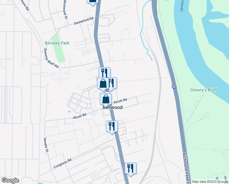 map of restaurants, bars, coffee shops, grocery stores, and more near 7411 Jefferson Davis Highway in Richmond