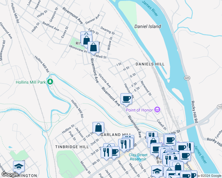 map of restaurants, bars, coffee shops, grocery stores, and more near 513 Victoria Avenue in Lynchburg