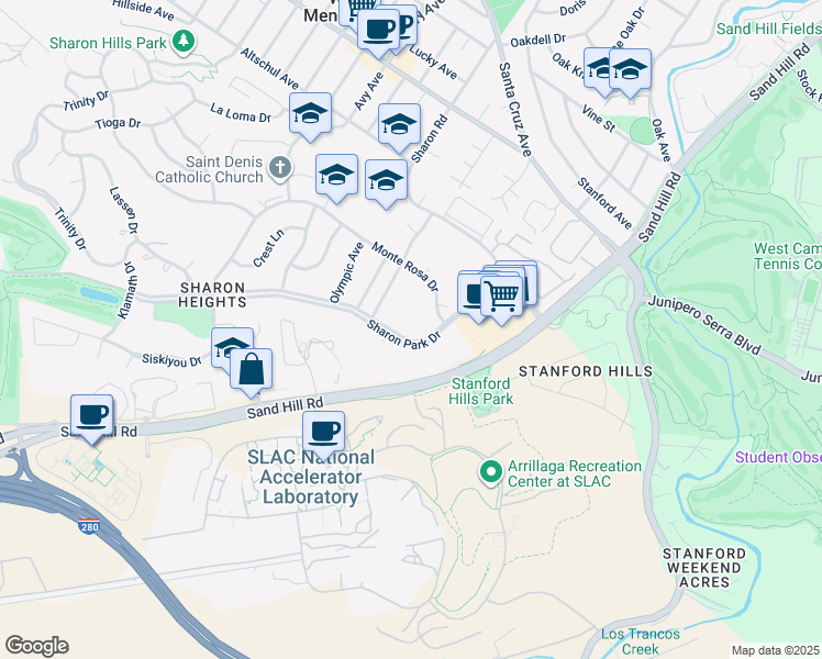 map of restaurants, bars, coffee shops, grocery stores, and more near 600 Sharon Park Drive in Menlo Park