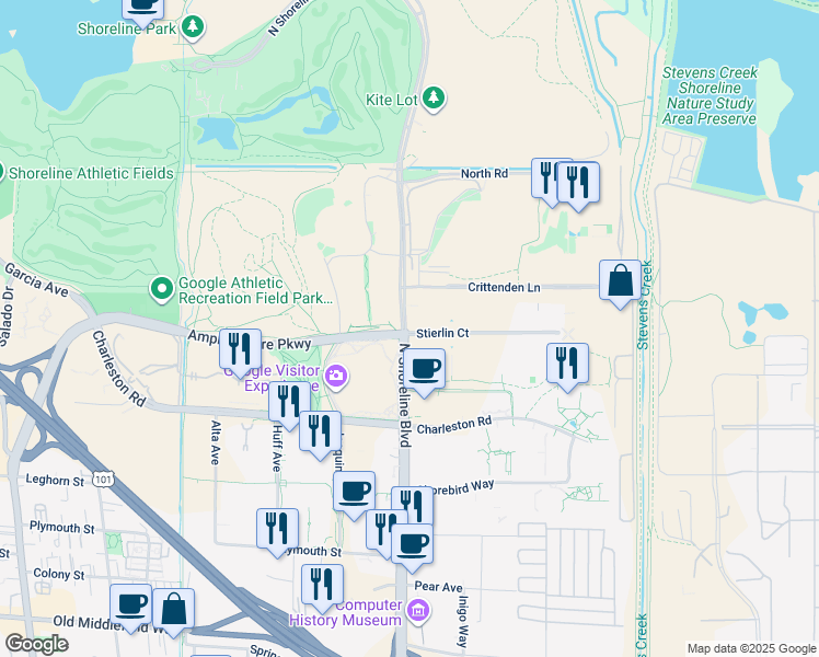 map of restaurants, bars, coffee shops, grocery stores, and more near 454 North Shoreline Boulevard in Mountain View