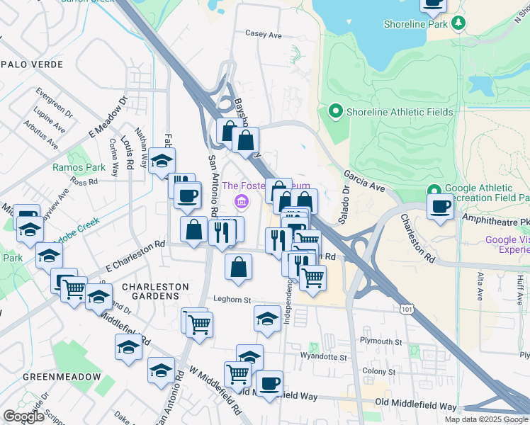map of restaurants, bars, coffee shops, grocery stores, and more near 948 Industrial Avenue in Palo Alto