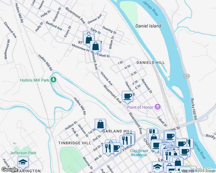 map of restaurants, bars, coffee shops, grocery stores, and more near 800 Rivermont Avenue in Lynchburg