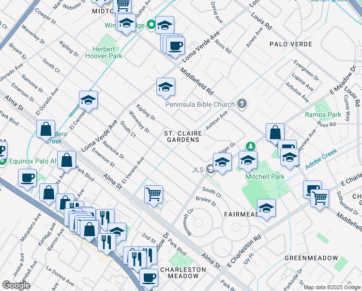 map of restaurants, bars, coffee shops, grocery stores, and more near 3400 Rambow Drive in Palo Alto