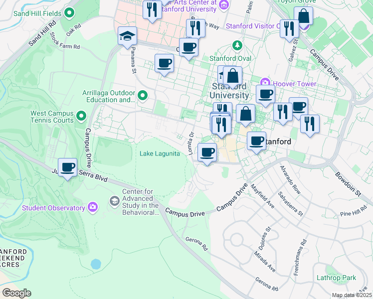 map of restaurants, bars, coffee shops, grocery stores, and more near 580 Lomita Drive in Stanford