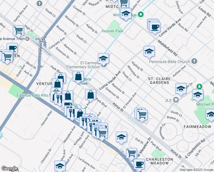 map of restaurants, bars, coffee shops, grocery stores, and more near 3133 Emerson Street in Palo Alto