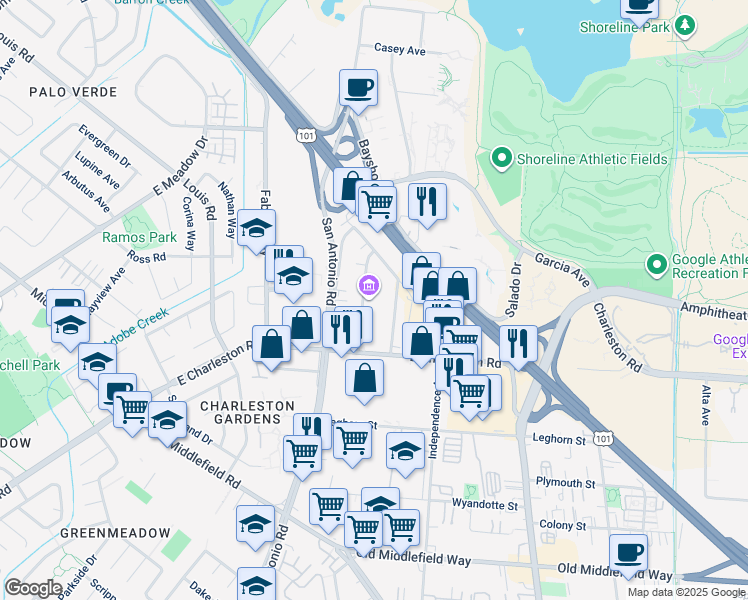 map of restaurants, bars, coffee shops, grocery stores, and more near 940 Commercial Street in Palo Alto
