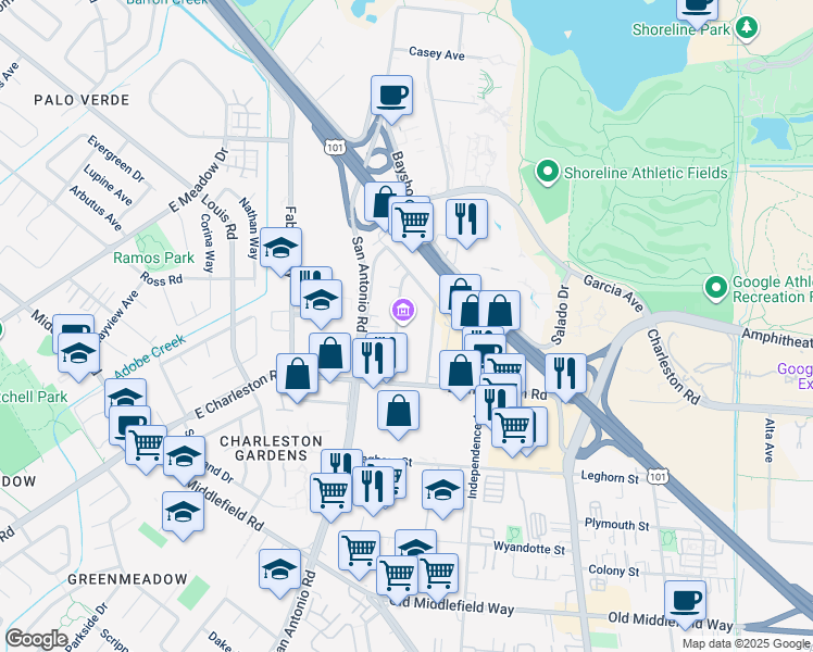 map of restaurants, bars, coffee shops, grocery stores, and more near 940 Commercial Street in Palo Alto