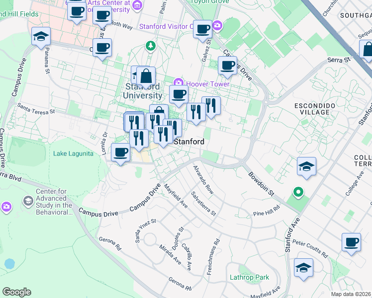 map of restaurants, bars, coffee shops, grocery stores, and more near 610 Bowdoin Lane in Stanford