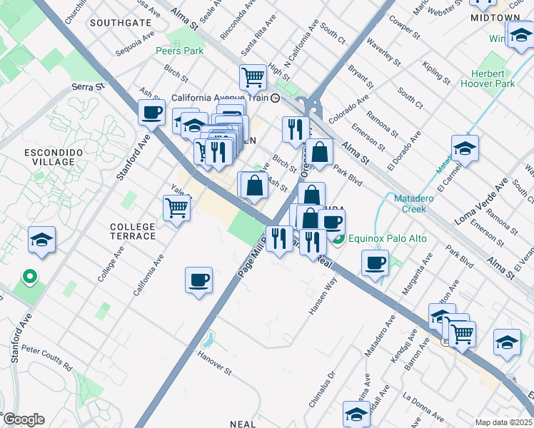 map of restaurants, bars, coffee shops, grocery stores, and more near in Palo Alto