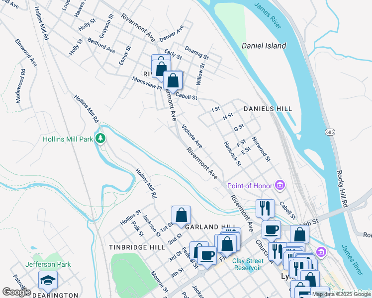 map of restaurants, bars, coffee shops, grocery stores, and more near 805 Rivermont Avenue in Lynchburg