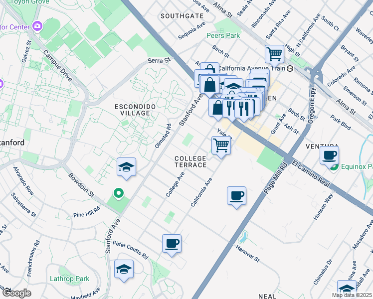 map of restaurants, bars, coffee shops, grocery stores, and more near 2121 Cornell Street in Palo Alto