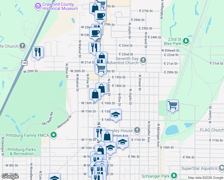 map of restaurants, bars, coffee shops, grocery stores, and more near 1707 North Elm Street in Pittsburg