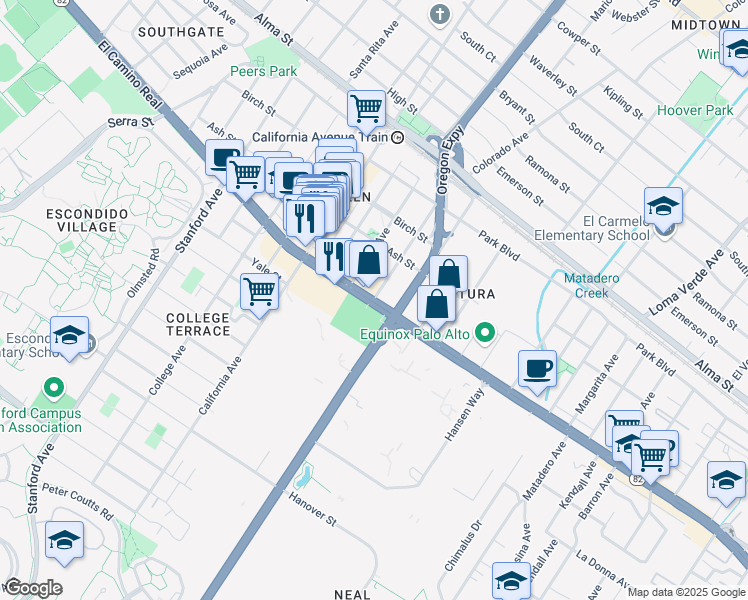 map of restaurants, bars, coffee shops, grocery stores, and more near El Camino Real & Sheridan Avenue in Palo Alto