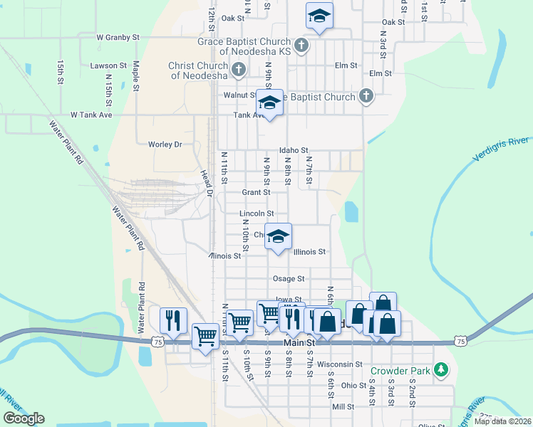 map of restaurants, bars, coffee shops, grocery stores, and more near 699 North 9th Street in Neodesha