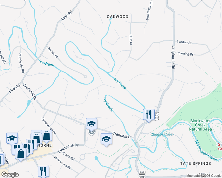map of restaurants, bars, coffee shops, grocery stores, and more near 2805 Sedgewick Drive in Lynchburg