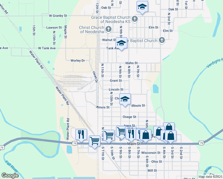 map of restaurants, bars, coffee shops, grocery stores, and more near 1001 Lincoln Street in Neodesha