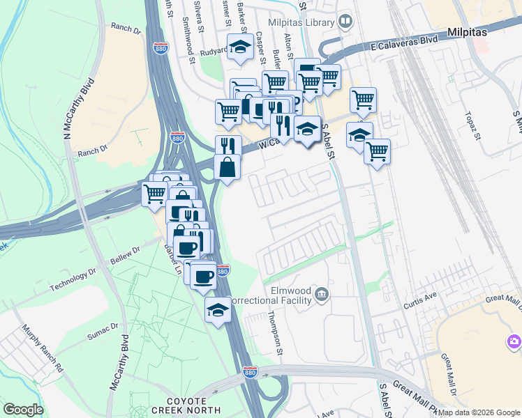 map of restaurants, bars, coffee shops, grocery stores, and more near 411 Corning Avenue in Milpitas