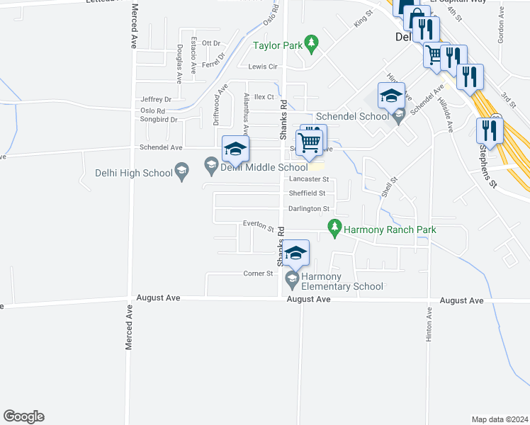 map of restaurants, bars, coffee shops, grocery stores, and more near 16551 Darlington Street in Delhi