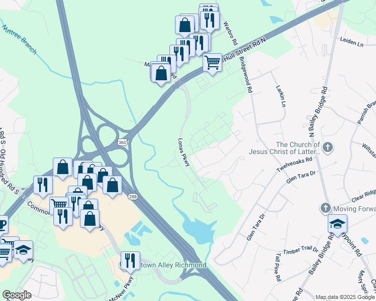 map of restaurants, bars, coffee shops, grocery stores, and more near 4100 Maze Runner Drive in Midlothian