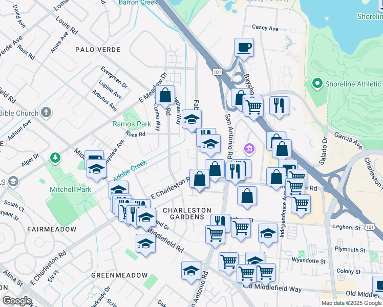 map of restaurants, bars, coffee shops, grocery stores, and more near 3950 Fabian Way in Palo Alto