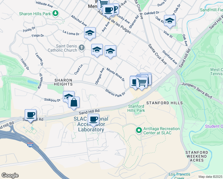 map of restaurants, bars, coffee shops, grocery stores, and more near 680 Sharon Park Drive in Menlo Park