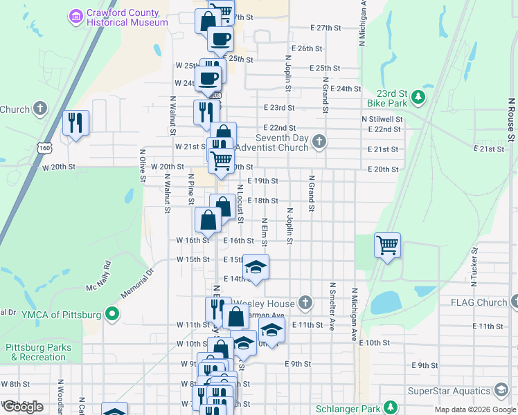 map of restaurants, bars, coffee shops, grocery stores, and more near 1707 North Elm Street in Pittsburg