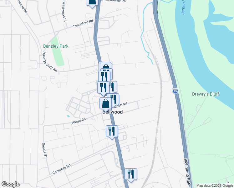 map of restaurants, bars, coffee shops, grocery stores, and more near 7411 Jefferson Davis Highway in Richmond