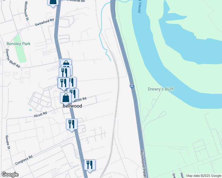 map of restaurants, bars, coffee shops, grocery stores, and more near 2500 Alcott Road in Richmond