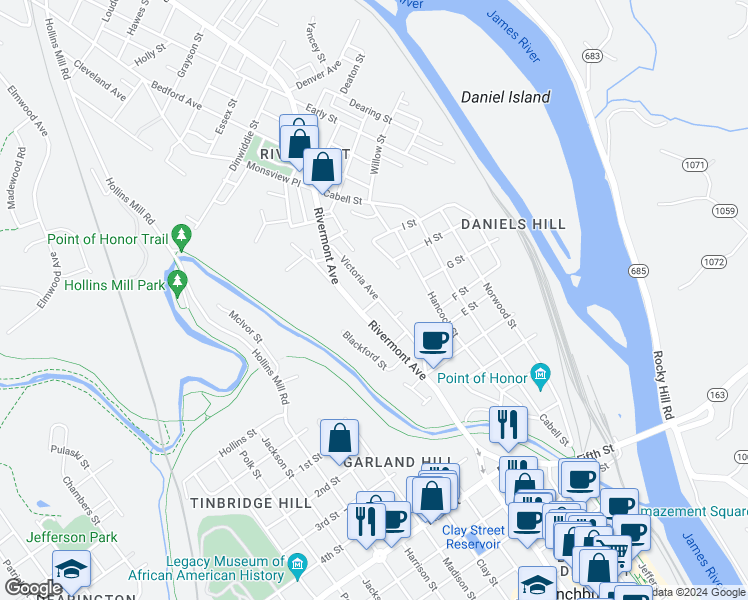 map of restaurants, bars, coffee shops, grocery stores, and more near 601 Victoria Avenue in Lynchburg
