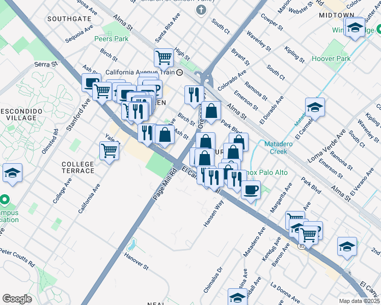 map of restaurants, bars, coffee shops, grocery stores, and more near 440 Pepper Avenue in Palo Alto