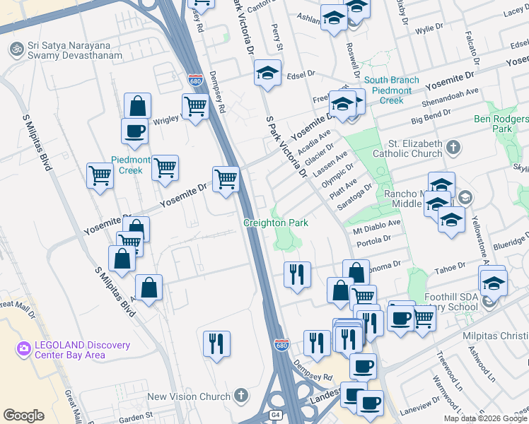 map of restaurants, bars, coffee shops, grocery stores, and more near 1245 Creighton Court in Milpitas