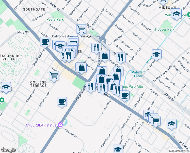 map of restaurants, bars, coffee shops, grocery stores, and more near 440 Pepper Avenue in Palo Alto
