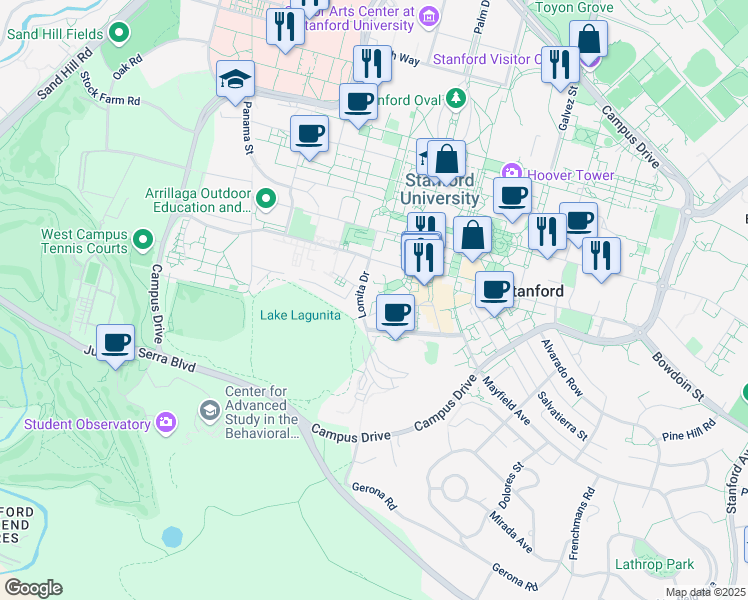 map of restaurants, bars, coffee shops, grocery stores, and more near 580 Lomita Drive in Stanford