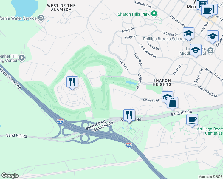 map of restaurants, bars, coffee shops, grocery stores, and more near 21 Shasta Lane in Menlo Park