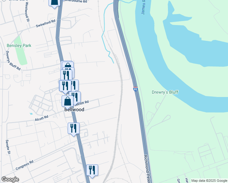 map of restaurants, bars, coffee shops, grocery stores, and more near 2500 Alcott Road in Richmond