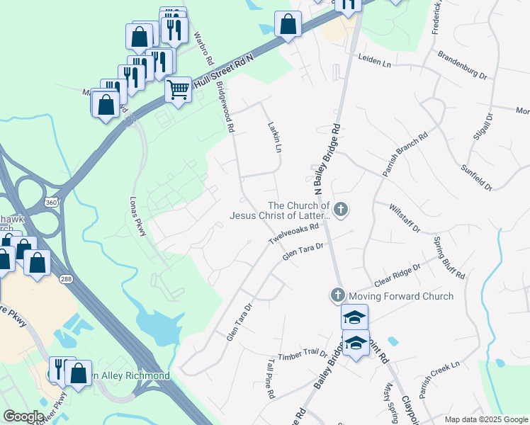 map of restaurants, bars, coffee shops, grocery stores, and more near 4506 Bridgewood Road in Midlothian