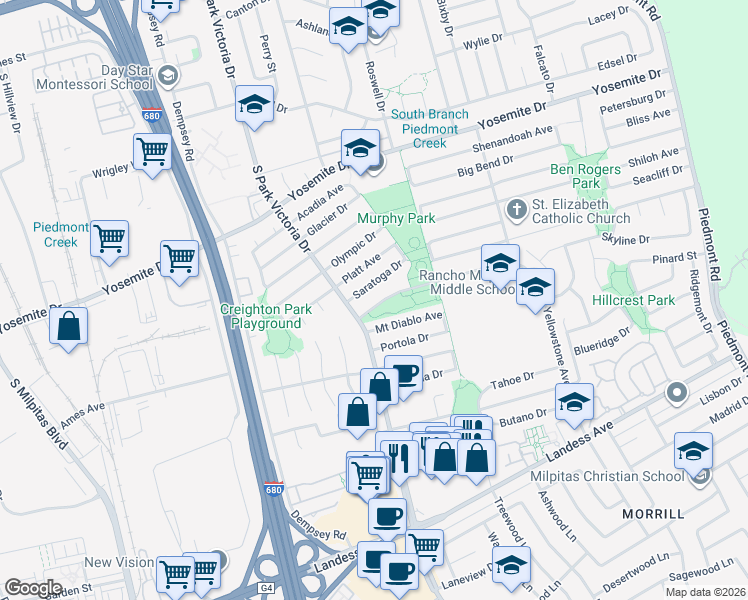 map of restaurants, bars, coffee shops, grocery stores, and more near 1441 Yellowstone Avenue in Milpitas