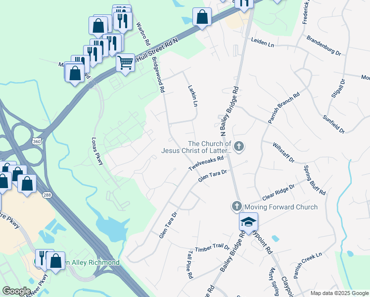 map of restaurants, bars, coffee shops, grocery stores, and more near 4501 Bridgewood Road in Midlothian
