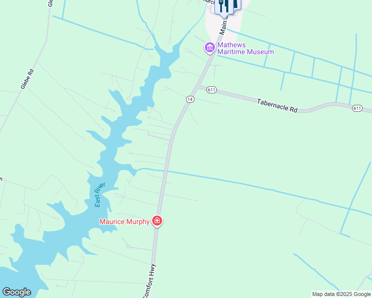 map of restaurants, bars, coffee shops, grocery stores, and more near 955 New Point Comfort Highway in Mathews