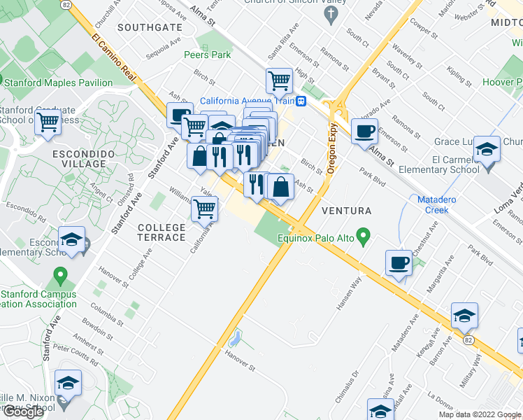 map of restaurants, bars, coffee shops, grocery stores, and more near 2600 El Camino Real in Palo Alto