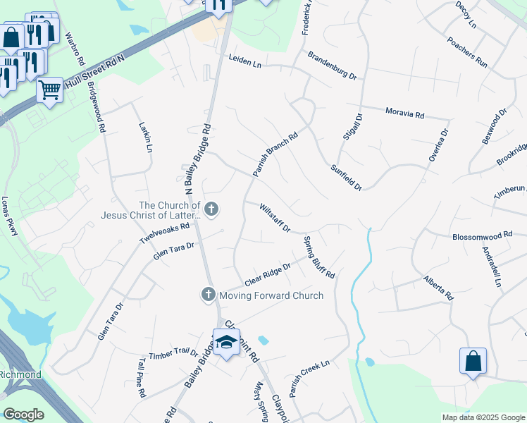 map of restaurants, bars, coffee shops, grocery stores, and more near 11513 Wiltstaff Drive in Midlothian