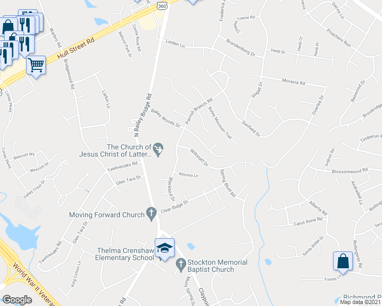 map of restaurants, bars, coffee shops, grocery stores, and more near 11513 Wiltstaff Drive in Midlothian