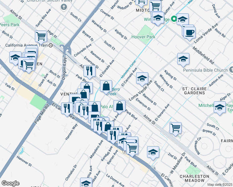 map of restaurants, bars, coffee shops, grocery stores, and more near Alma Street & El Carmelo Avenue in Palo Alto