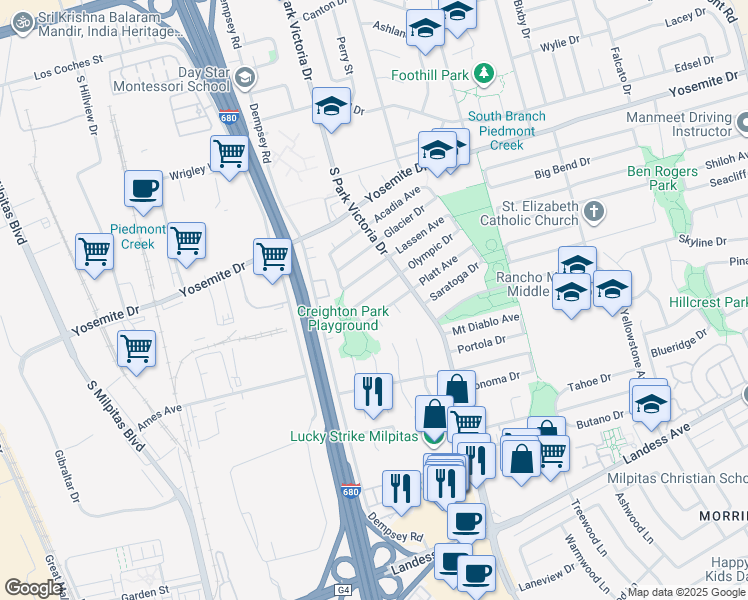 map of restaurants, bars, coffee shops, grocery stores, and more near 815 Platt Court in Milpitas