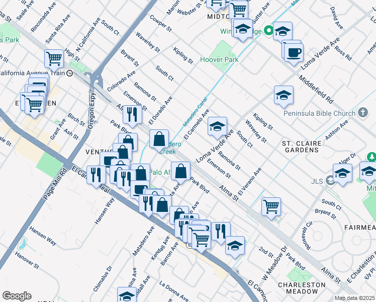 map of restaurants, bars, coffee shops, grocery stores, and more near 3075 Alma Street in Palo Alto