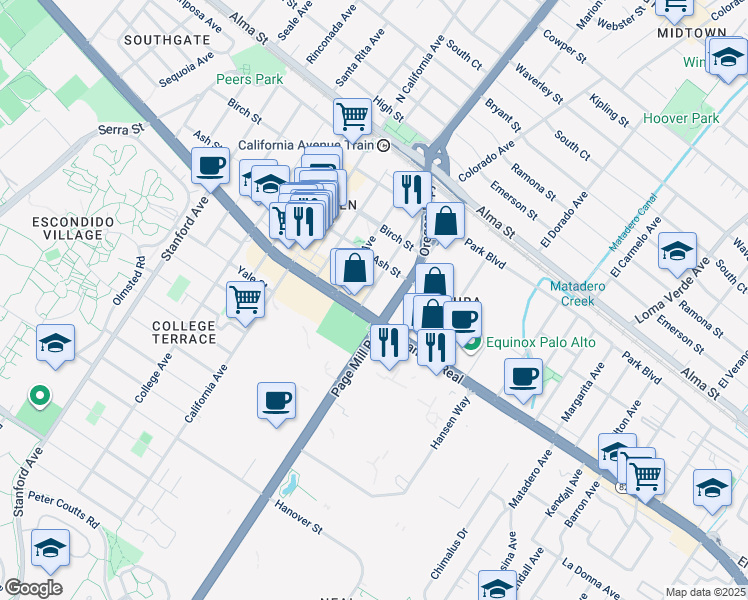 map of restaurants, bars, coffee shops, grocery stores, and more near in Palo Alto