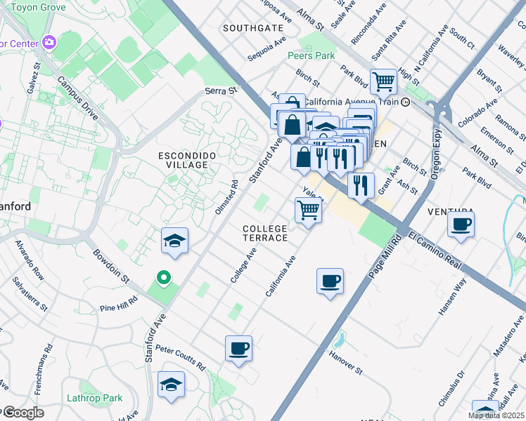 map of restaurants, bars, coffee shops, grocery stores, and more near 2121 Cornell Street in Palo Alto